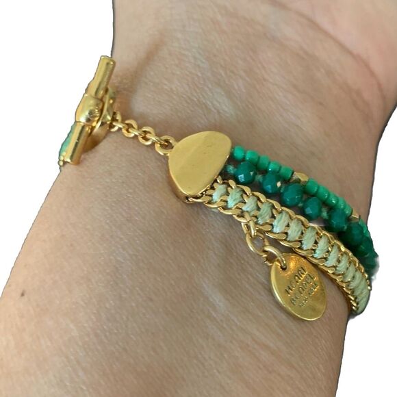 Henri Bendel Multi-strand Bracelet Gold Toggle Faceted Green Beads Signed Charm - Picture 3 of 13